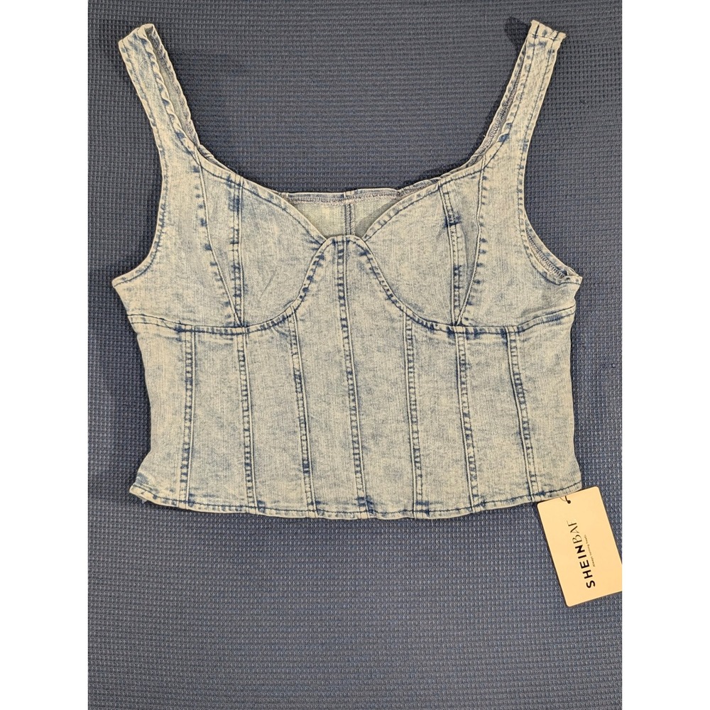 SHEIN BAE Acid Wash Denim Corset Top Light Blue Sweetheart Neck Side Zip Crop